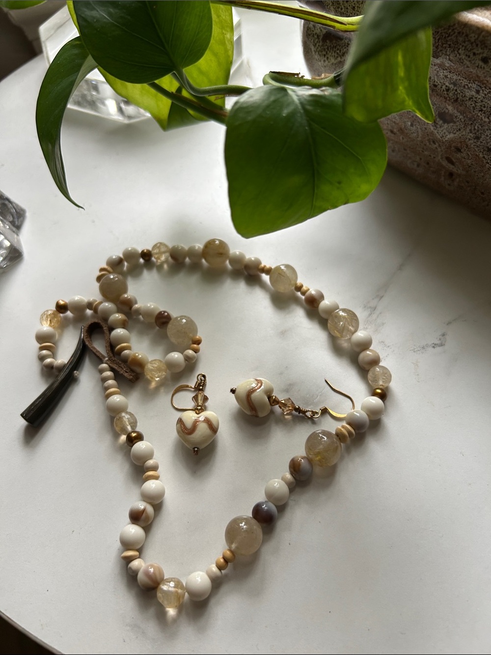 Handmade Cream and Tan Beaded Necklace PLUS Ivory and Goldtone  Heart Earrings